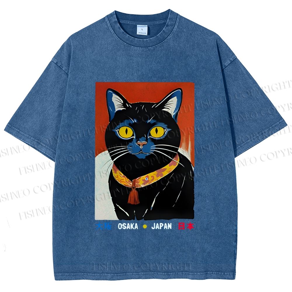 Unisex Osaka Retro Black Cat Printed Washed Tee