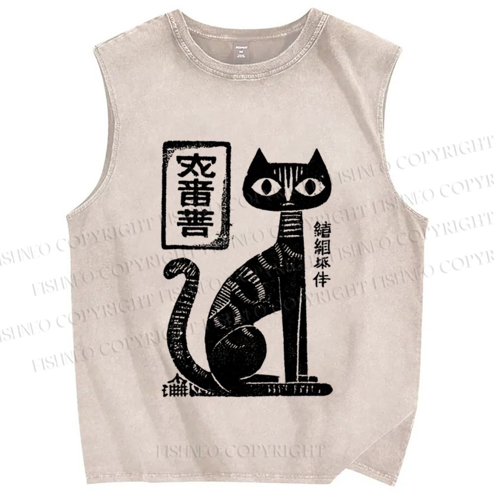 Unisex Japanese Black Cat Printed Washed Tank Top
