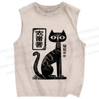 Unisex Japanese Black Cat Printed Washed Tank Top