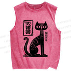 Unisex Japanese Black Cat Printed Washed Tank Top