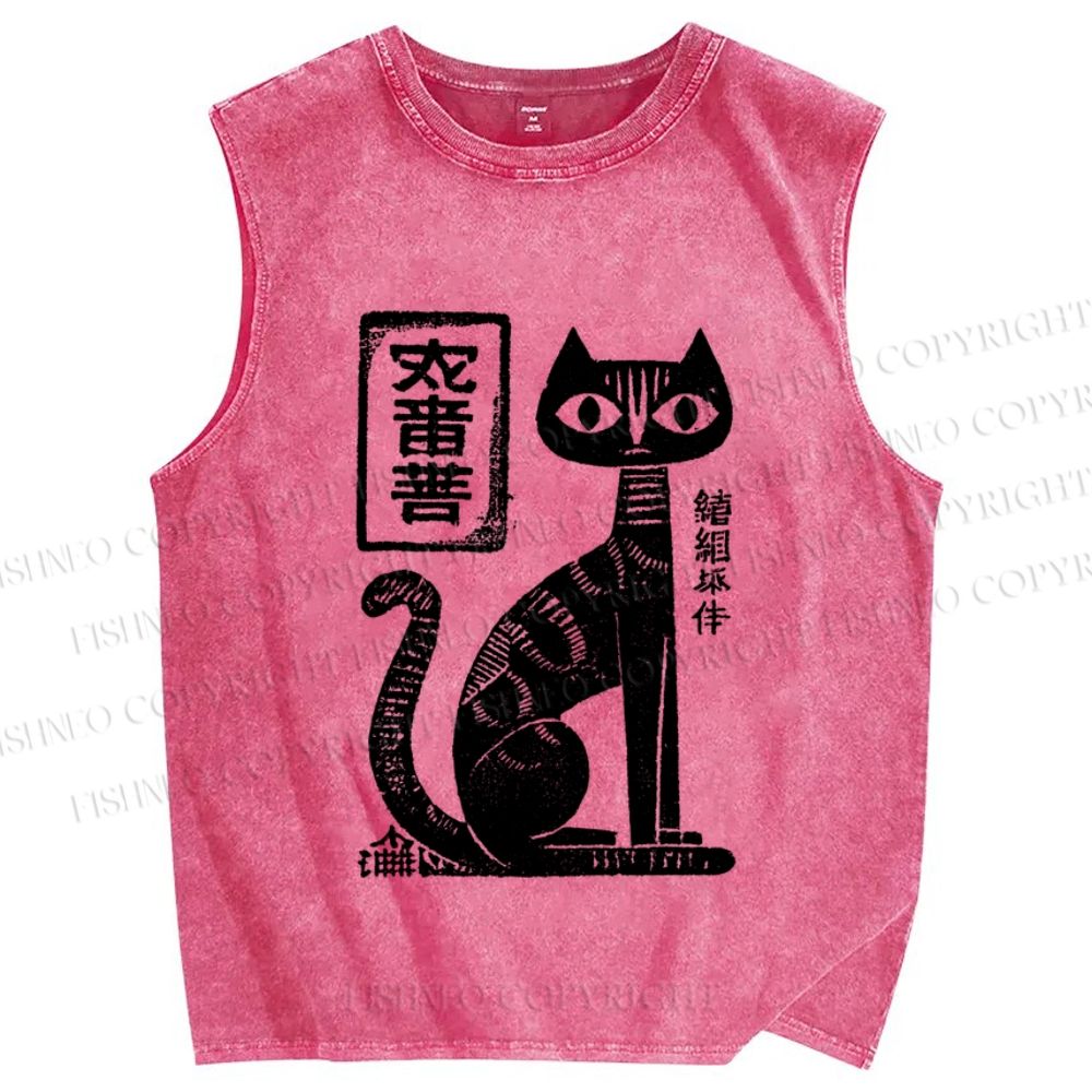 Unisex Japanese Black Cat Printed Washed Tank Top