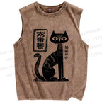 Unisex Japanese Black Cat Printed Washed Tank Top