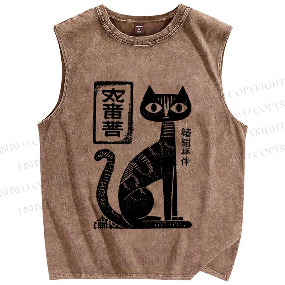 Unisex Japanese Black Cat Printed Washed Tank Top