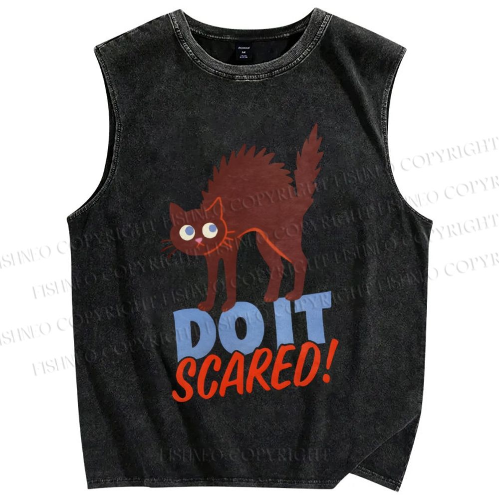 Unisex Funny Cat Do it Scared Printed Washed Tank Top