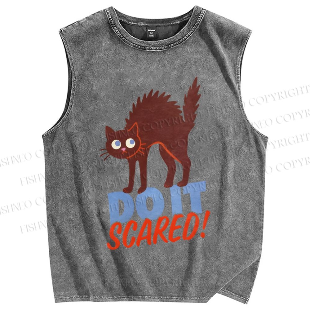 Unisex Funny Cat Do it Scared Printed Washed Tank Top
