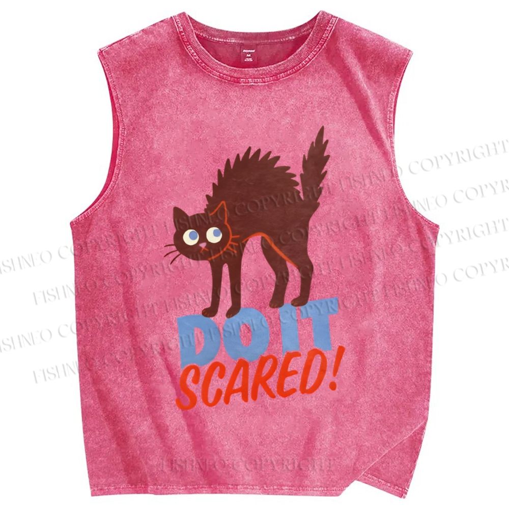 Unisex Funny Cat Do it Scared Printed Washed Tank Top