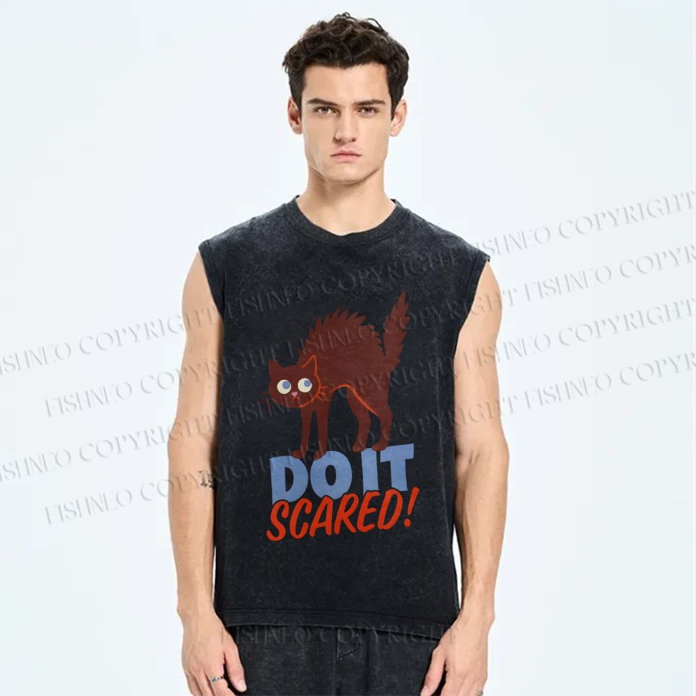 Unisex Funny Cat Do it Scared Printed Washed Tank Top