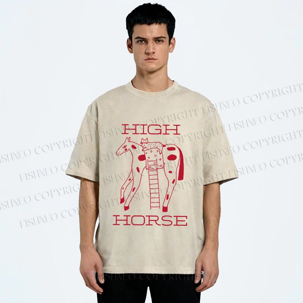 Unisex Cat on High Horse Printed Washed Tee