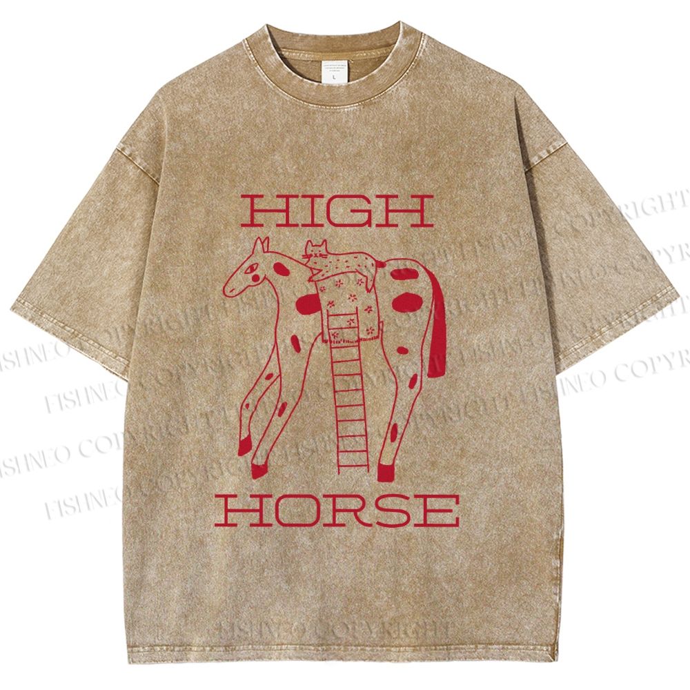 Unisex Cat on High Horse Printed Washed Tee