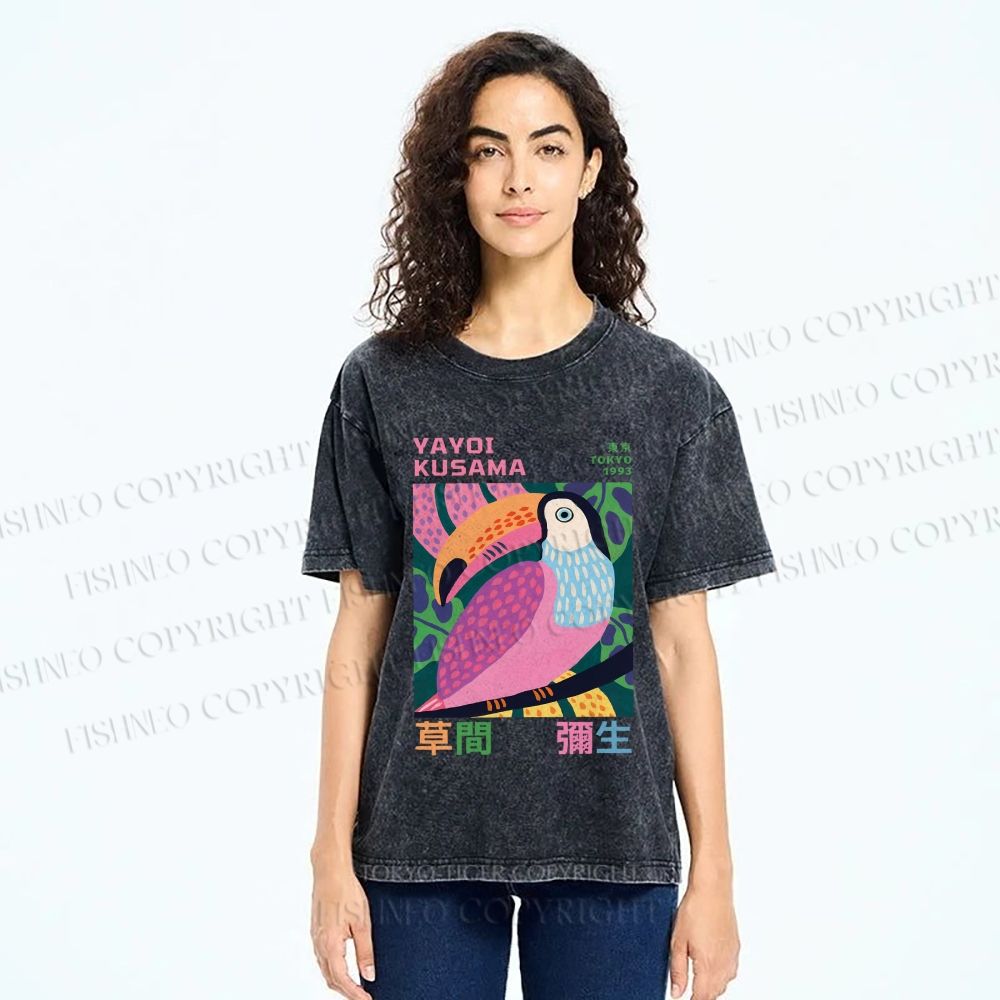 Unisex Yayoi Kusama Bird Printed Washed Tee