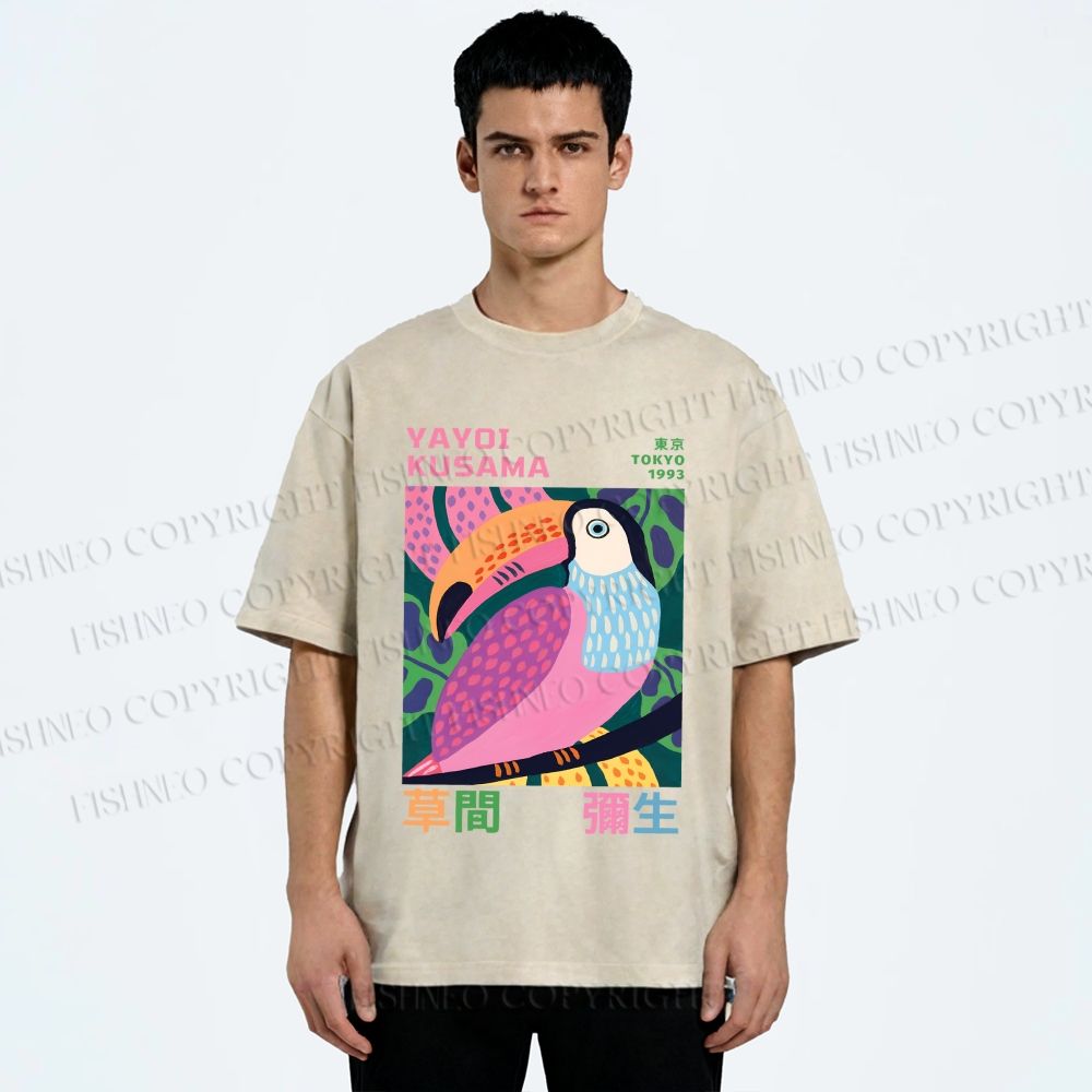 Unisex Yayoi Kusama Bird Printed Washed Tee