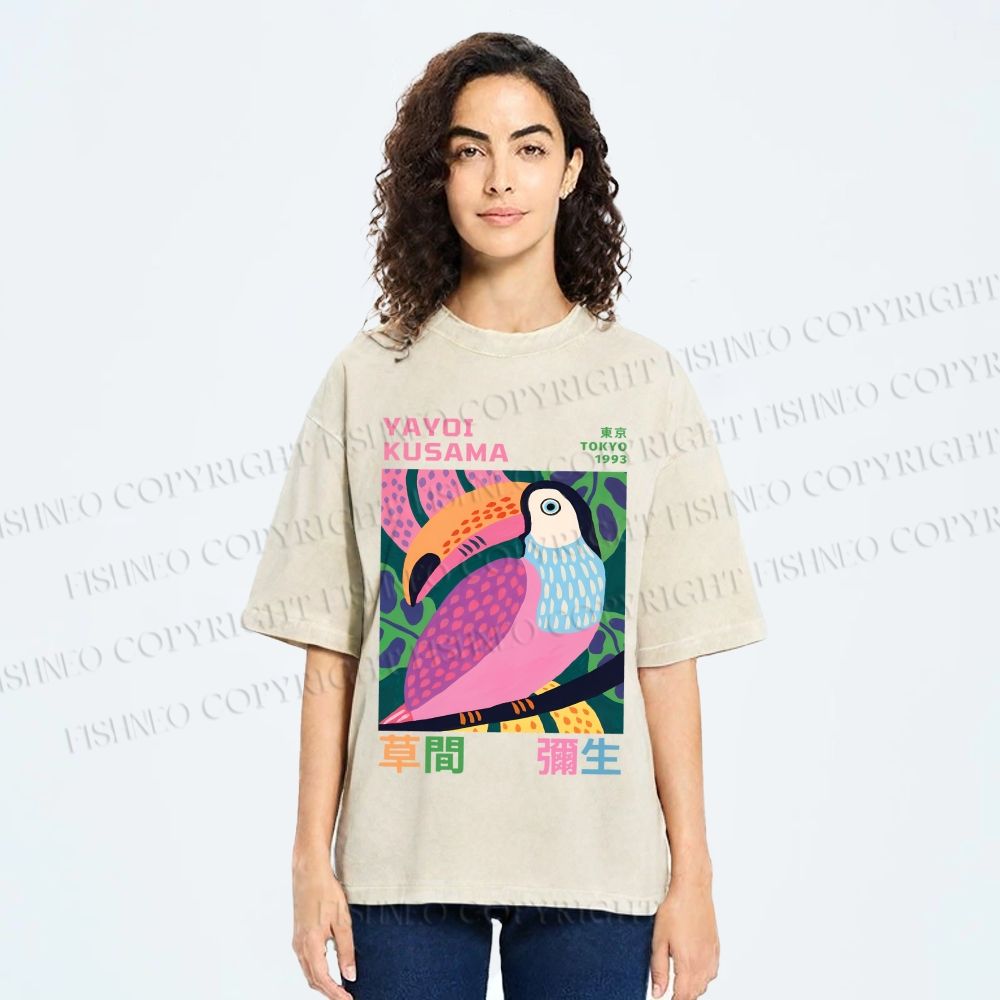Unisex Yayoi Kusama Bird Printed Washed Tee