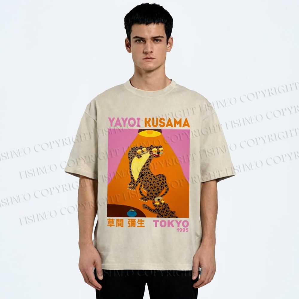 Unisex Yayoi Kusama Funny Panthers Printed Washed Tee