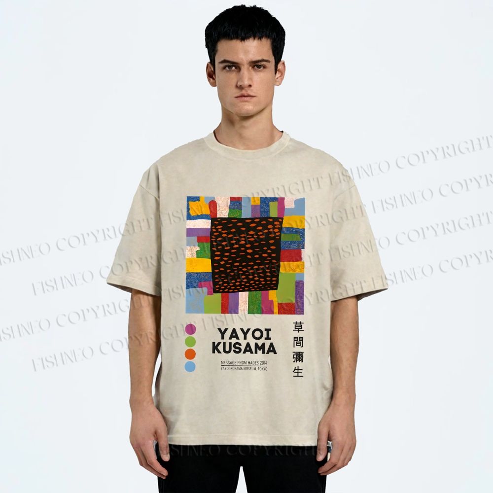 Unisex Yayoi Kusama Geometric Color Blocks Printed Washed Tee