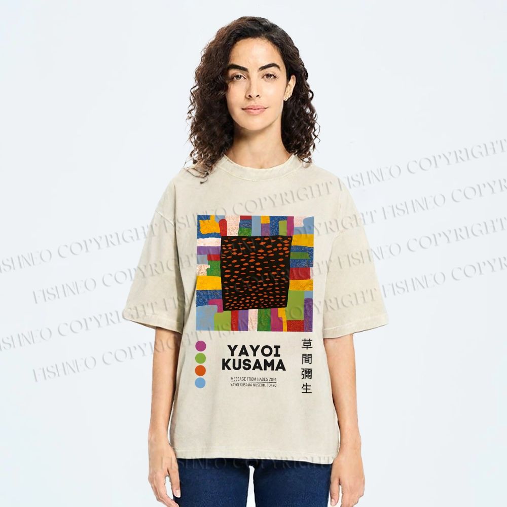 Unisex Yayoi Kusama Geometric Color Blocks Printed Washed Tee