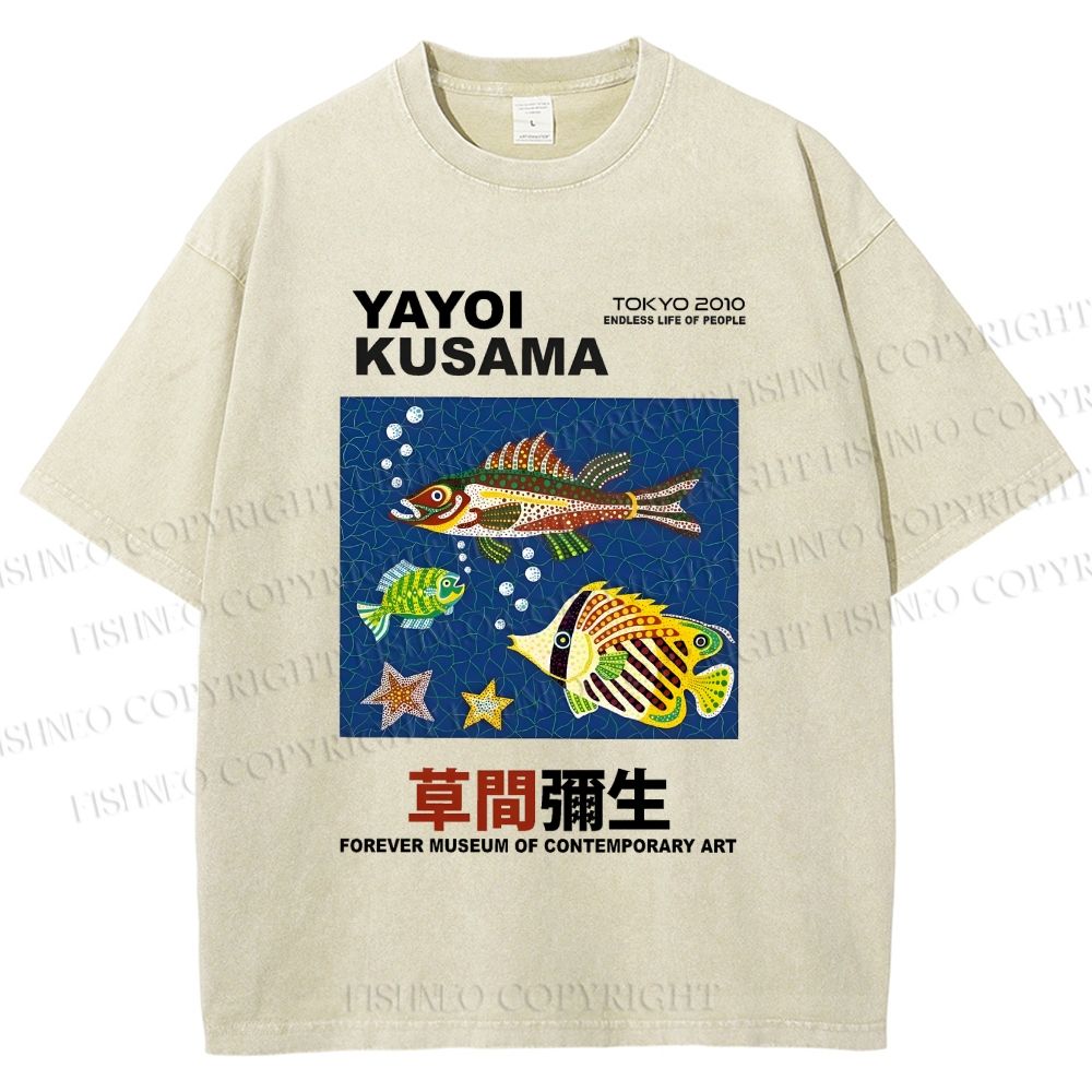 Unisex Yayoi Kusama Colorful Fish Printed Washed Tee