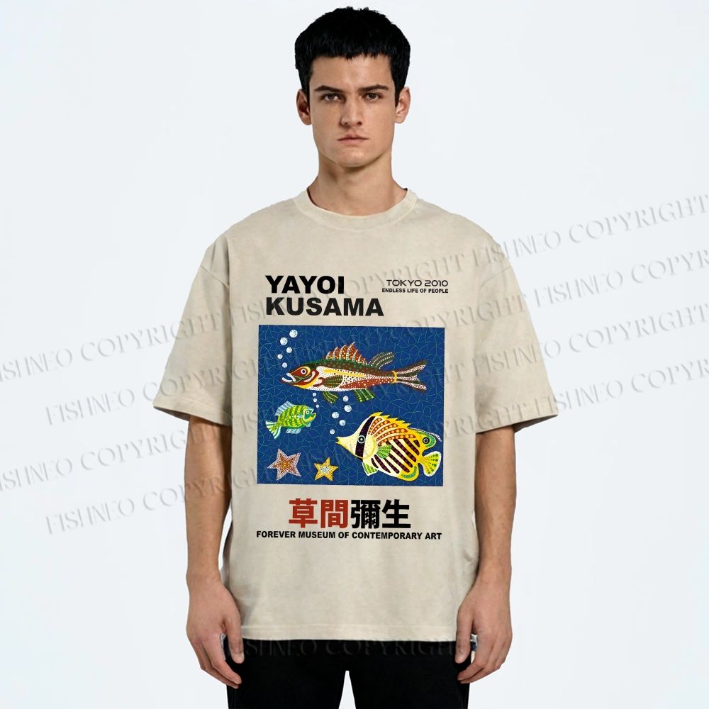 Unisex Yayoi Kusama Colorful Fish Printed Washed Tee