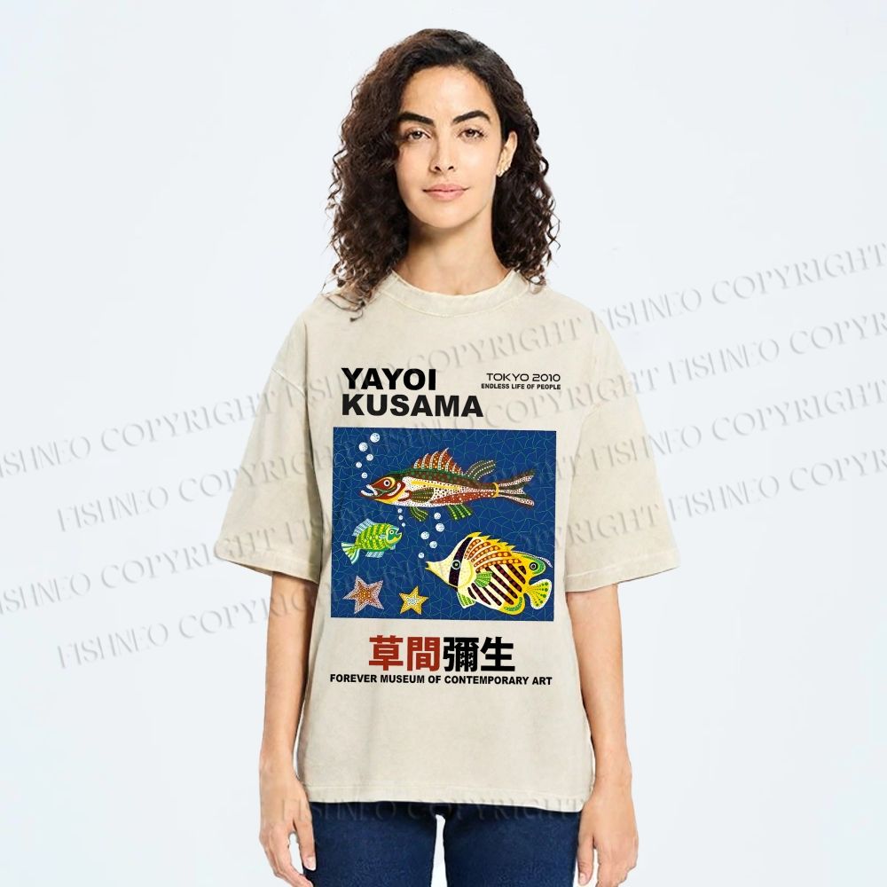 Unisex Yayoi Kusama Colorful Fish Printed Washed Tee