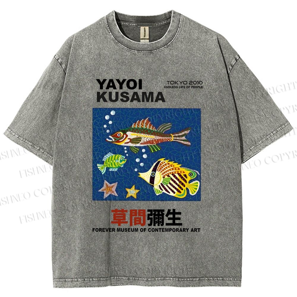 Unisex Yayoi Kusama Colorful Fish Printed Washed Tee