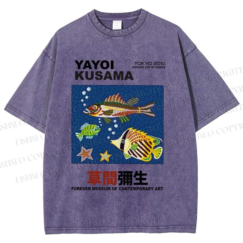 Unisex Yayoi Kusama Colorful Fish Printed Washed Tee