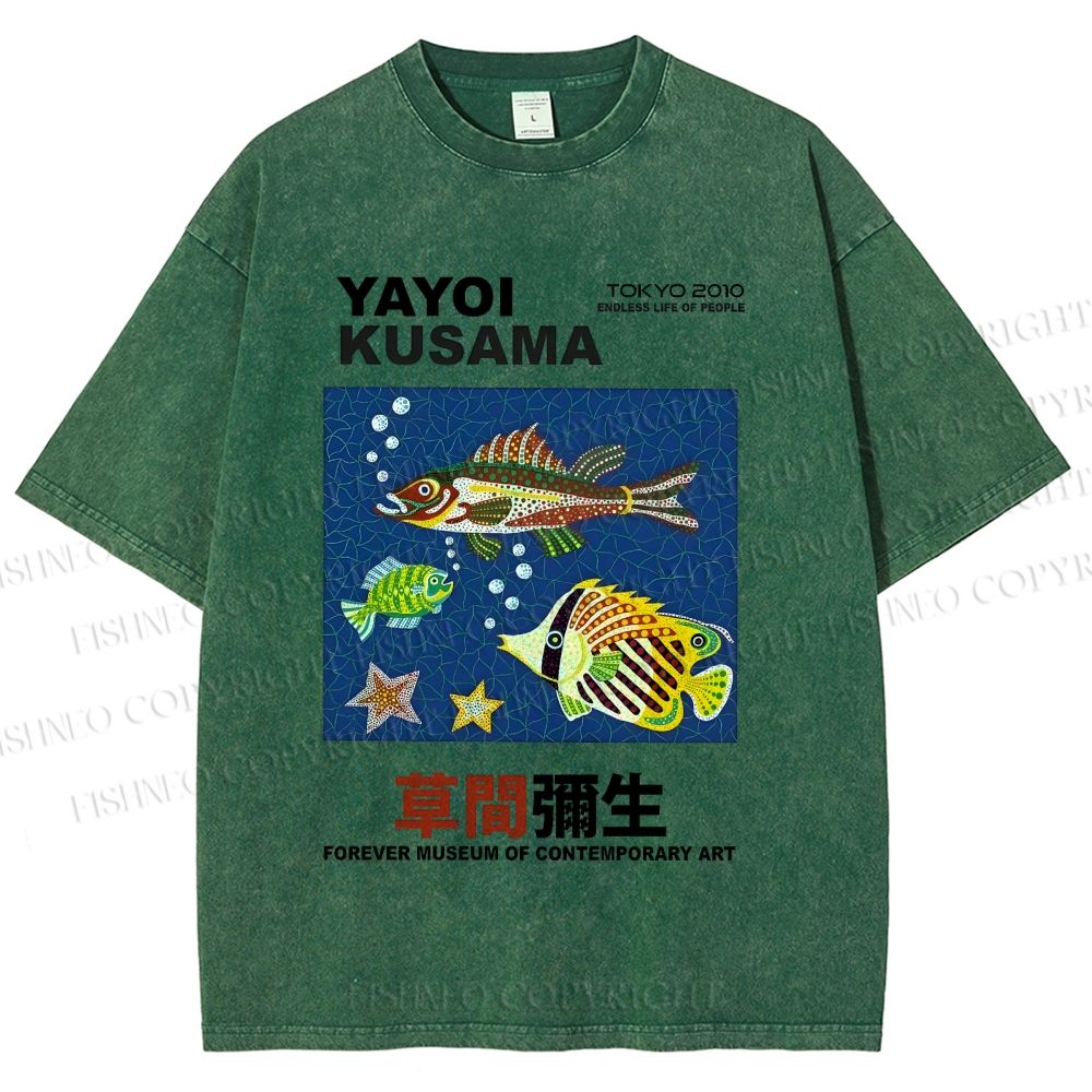 Unisex Yayoi Kusama Colorful Fish Printed Washed Tee