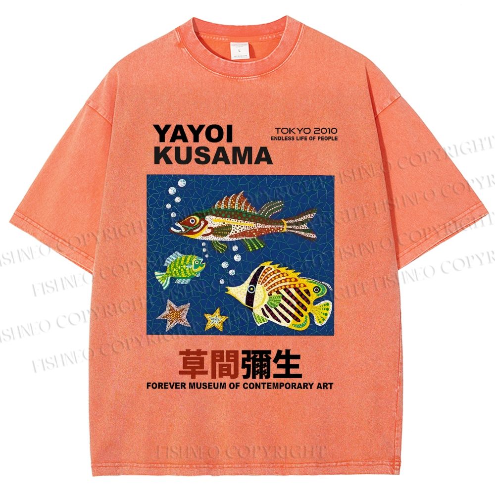 Unisex Yayoi Kusama Colorful Fish Printed Washed Tee