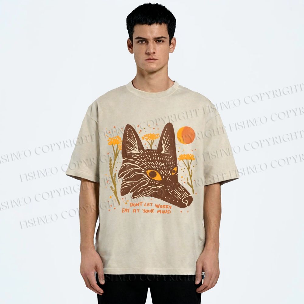 Unisex Wolf Dont Let Worry Eat at Your Mind Printed Washed Tee