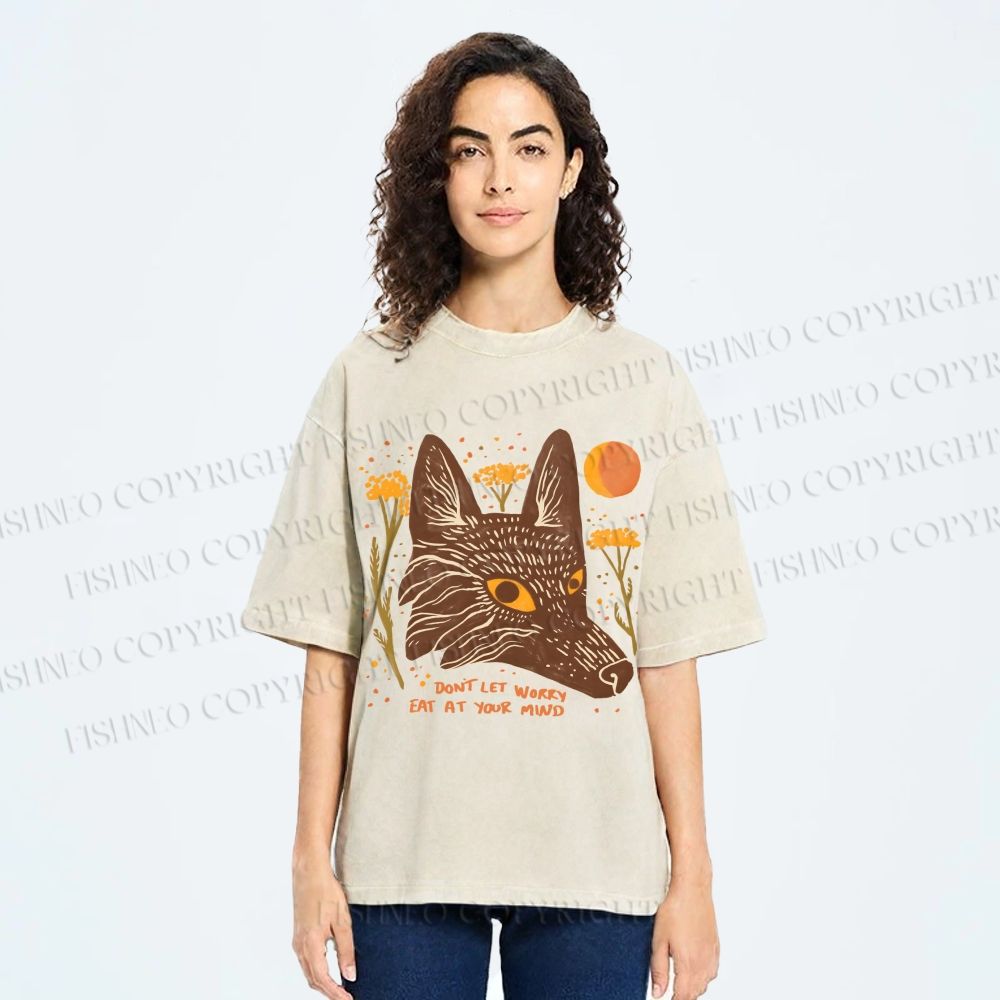 Unisex Wolf Dont Let Worry Eat at Your Mind Printed Washed Tee
