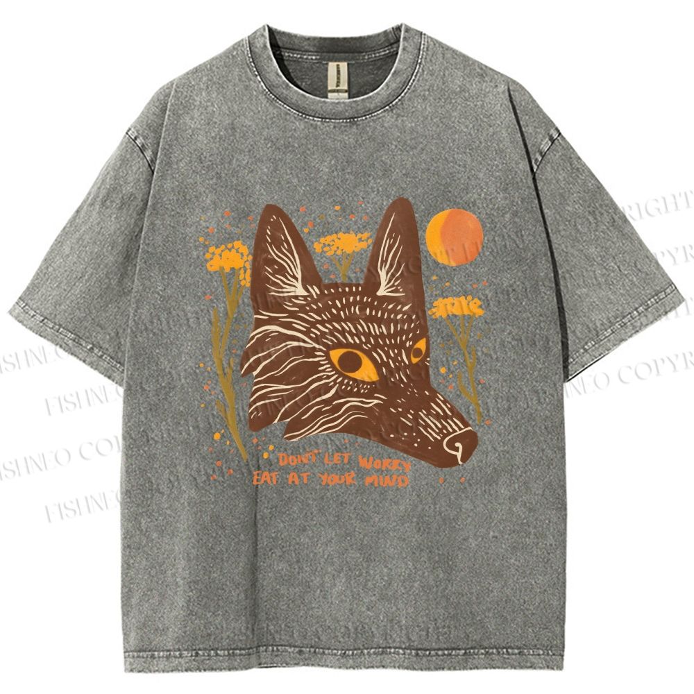 Unisex Wolf Dont Let Worry Eat at Your Mind Printed Washed Tee