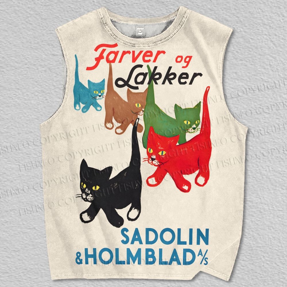 Unisex Farver og Lakker Cat Printed Tank Top
