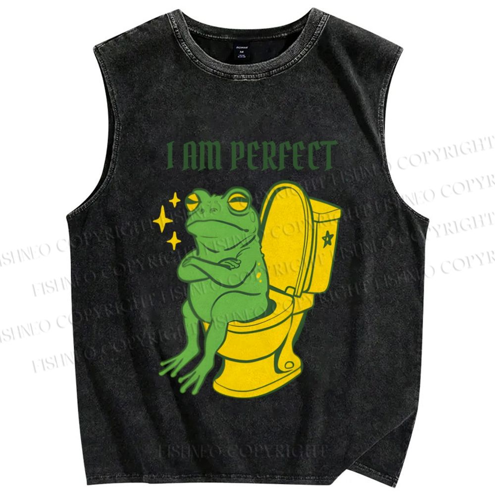 Unisex I am Perfect Frog Printed Washed Tank Top