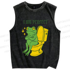 Unisex I am Perfect Frog Printed Washed Tank Top