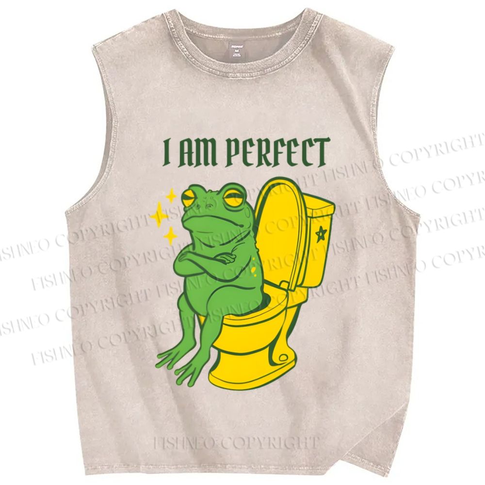Unisex I am Perfect Frog Printed Washed Tank Top