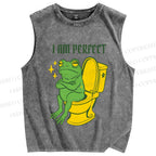 Unisex I am Perfect Frog Printed Washed Tank Top