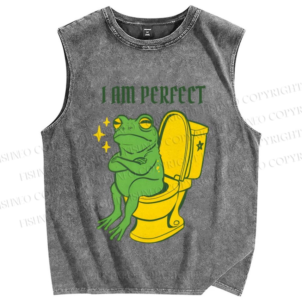 Unisex I am Perfect Frog Printed Washed Tank Top