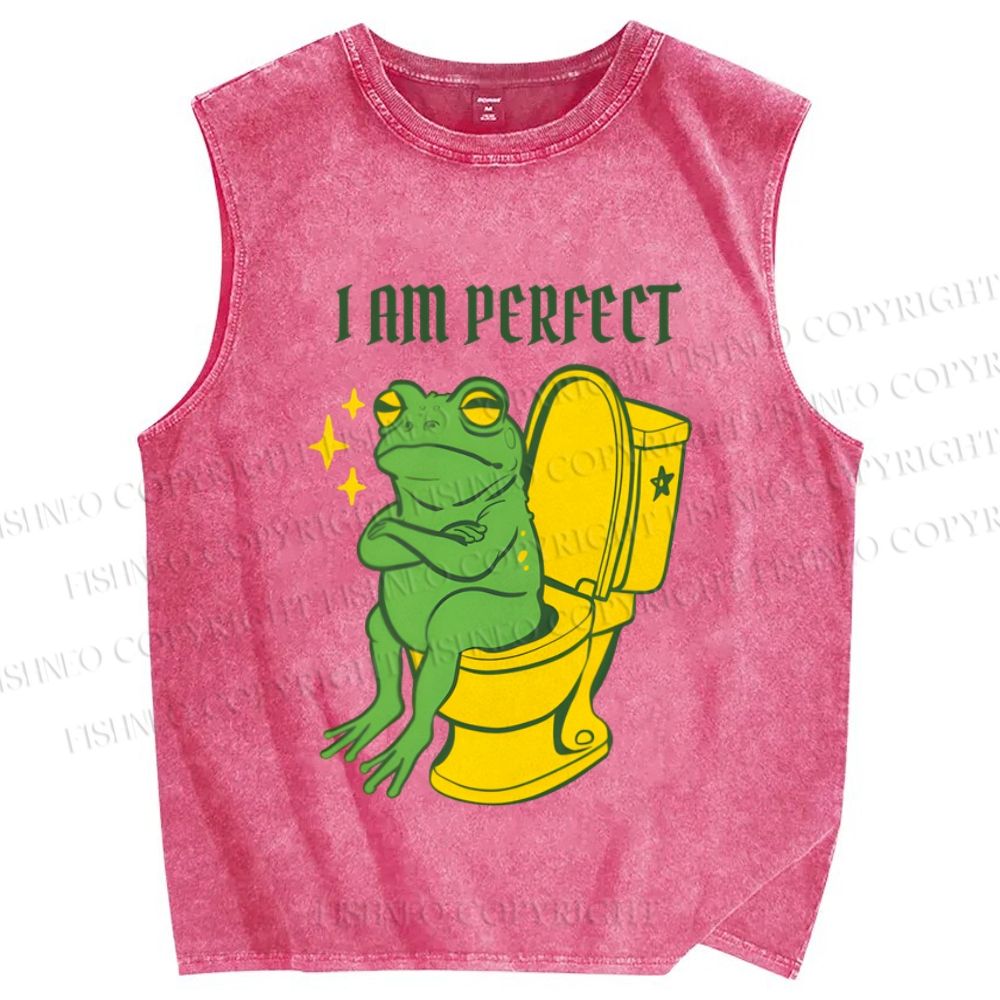 Unisex I am Perfect Frog Printed Washed Tank Top