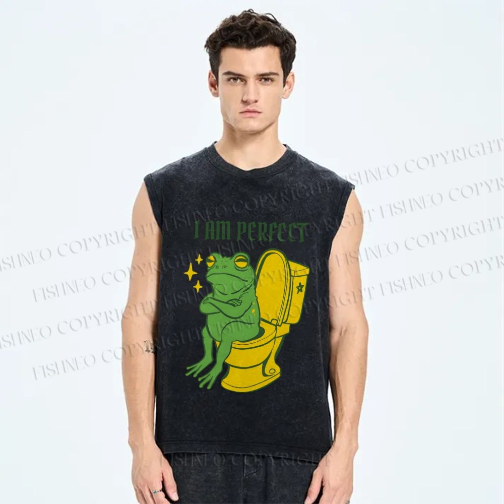 Unisex I am Perfect Frog Printed Washed Tank Top