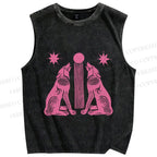 Unisex Pink Wolf Printed Washed Tank Top