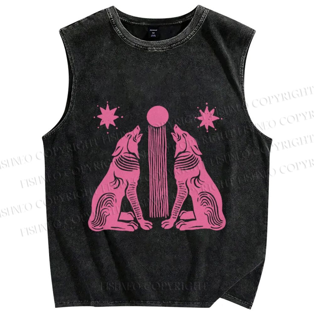 Unisex Pink Wolf Printed Washed Tank Top