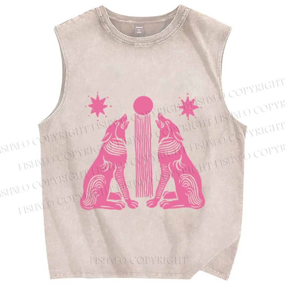 Unisex Pink Wolf Printed Washed Tank Top