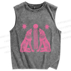 Unisex Pink Wolf Printed Washed Tank Top