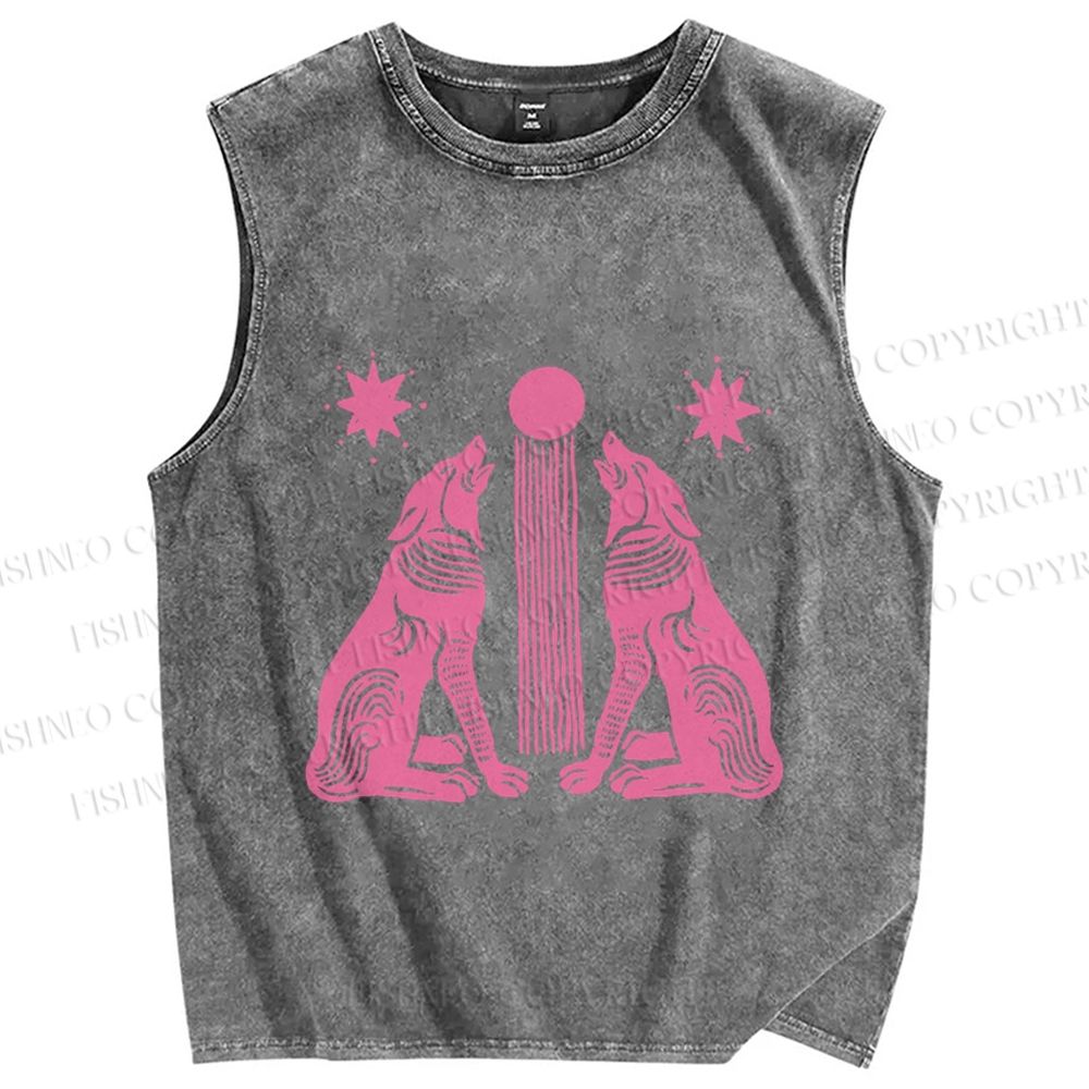 Unisex Pink Wolf Printed Washed Tank Top