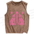 Unisex Pink Wolf Printed Washed Tank Top