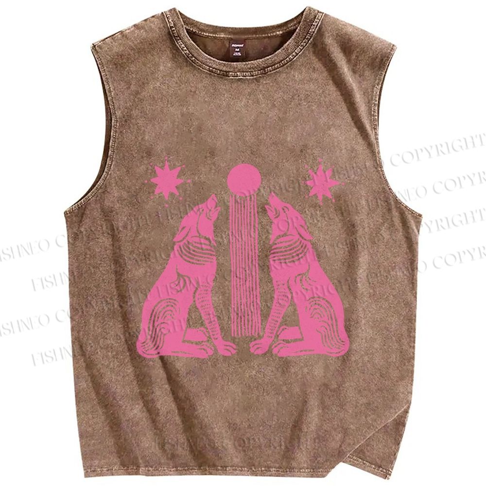 Unisex Pink Wolf Printed Washed Tank Top