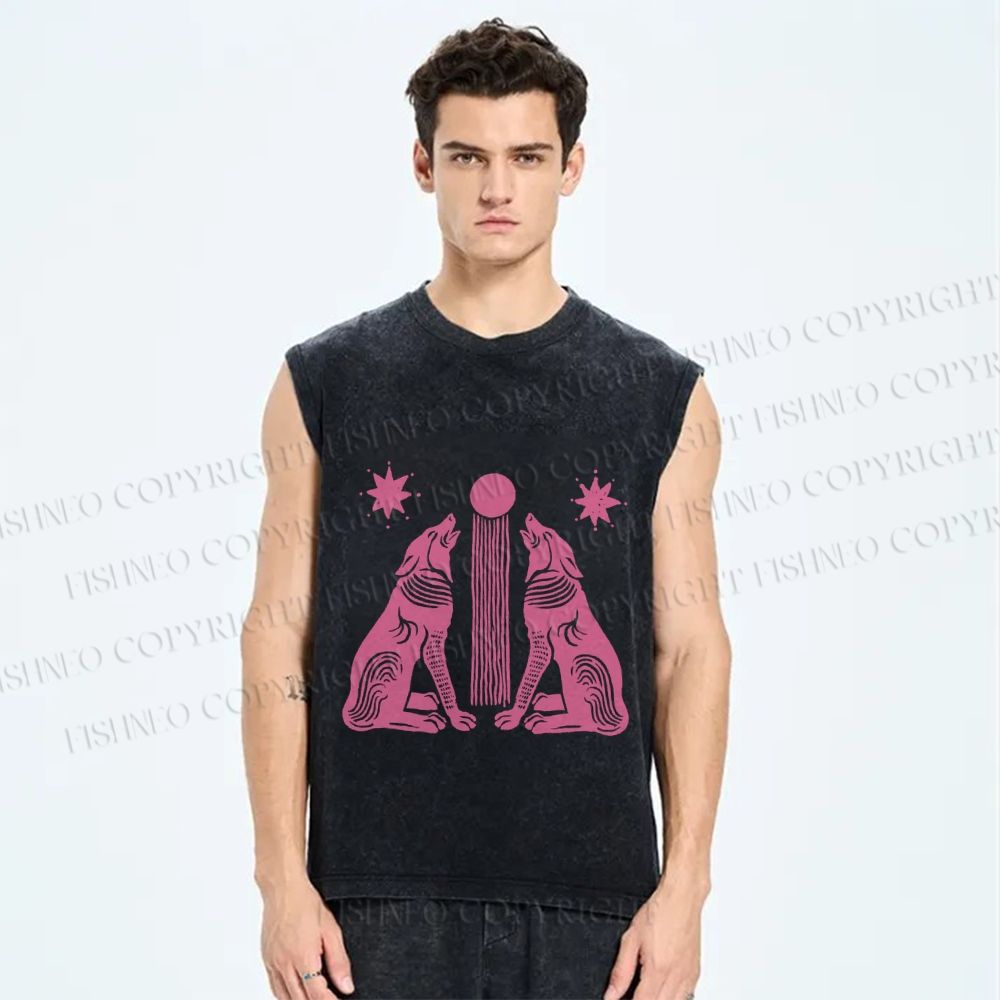 Unisex Pink Wolf Printed Washed Tank Top