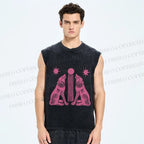 Unisex Pink Wolf Printed Washed Tank Top