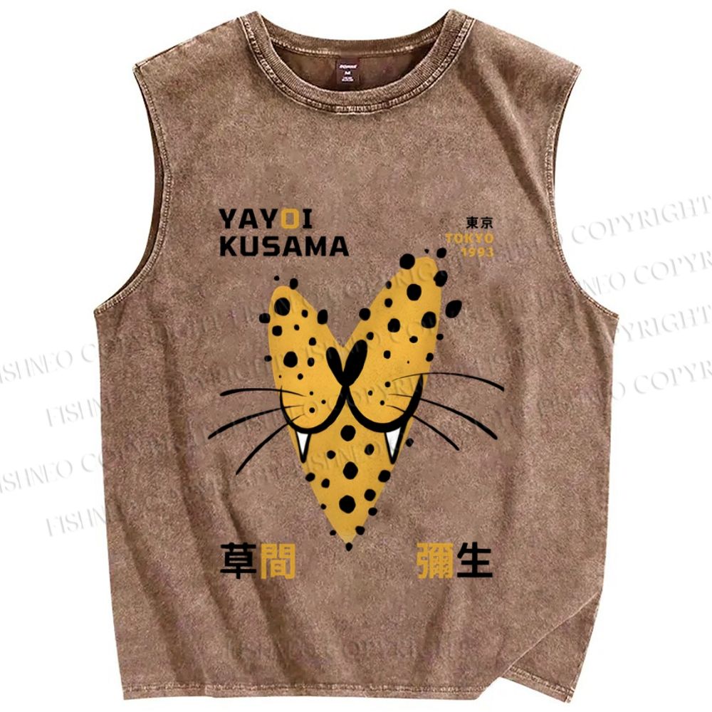 Unisex Yayoi Kusama Smiling Panther in Love Printed Washed Tank Top