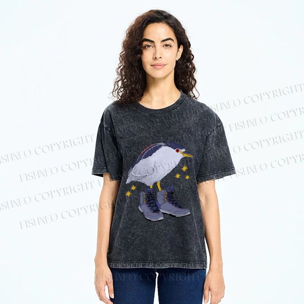 Unisex Funny Bird Wear Shoes Printed Washed Tee