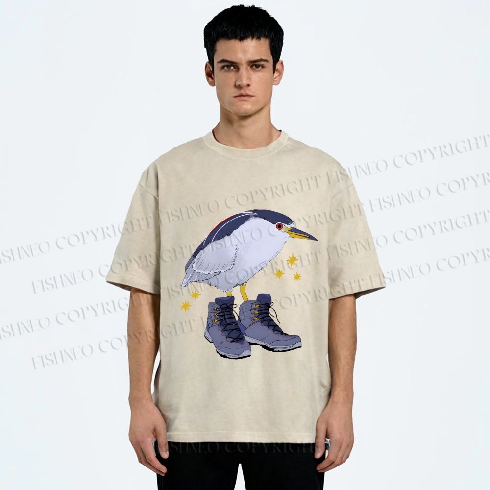 Unisex Funny Bird Wear Shoes Printed Washed Tee