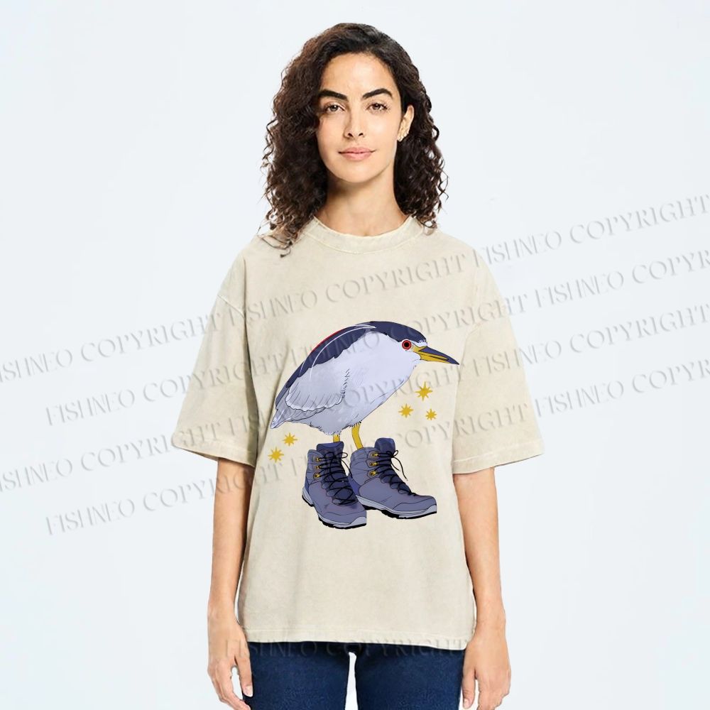 Unisex Funny Bird Wear Shoes Printed Washed Tee